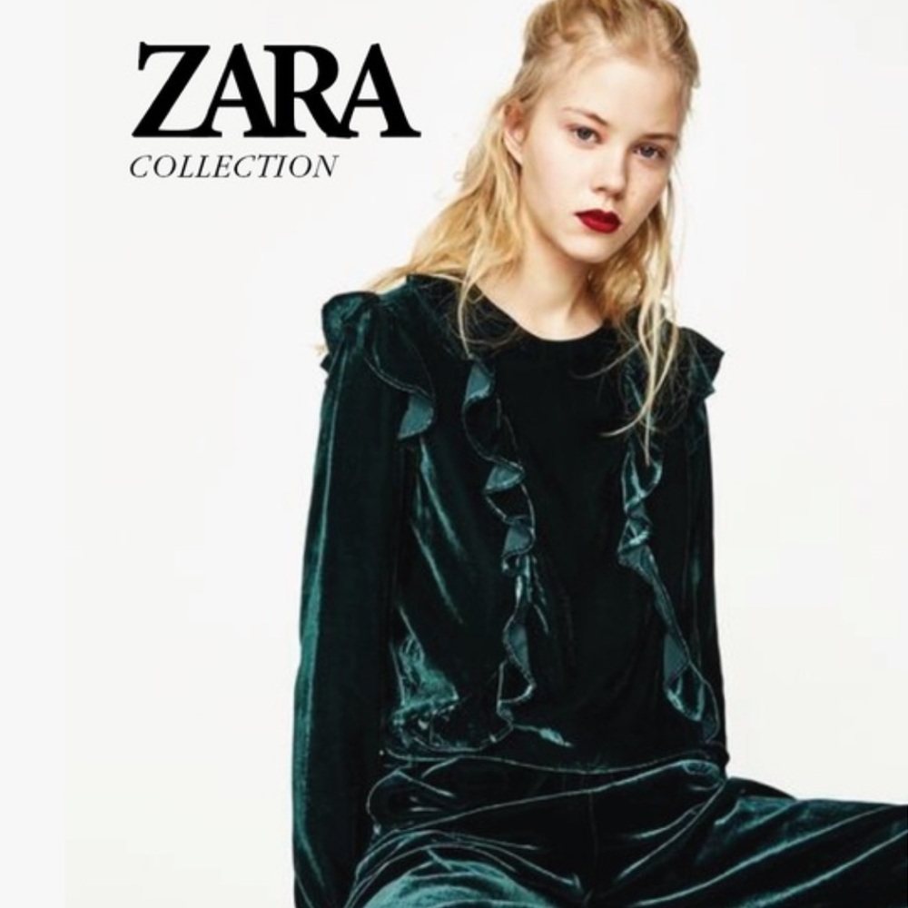 Zara Velvet Ruffle Blouse - Deep Green - XS